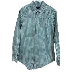 Ralph Lauren Boys Green Blue Plaid Long Sleeve Button Down Shirt Size 6